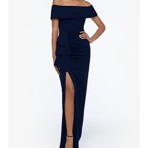 Xscape Off The Shoulder Gown with Slit, Navy Blue, Size 12